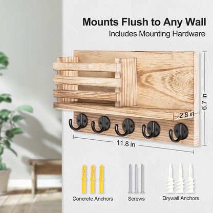 Lwenki Key Holder for Wall – Decorative Wooden Mail Holder and Key Shelf with Mounting Hardware, Installation Guide – Paulownia Wood with Metal Key Hooks (Black, Large - 11.8inch)