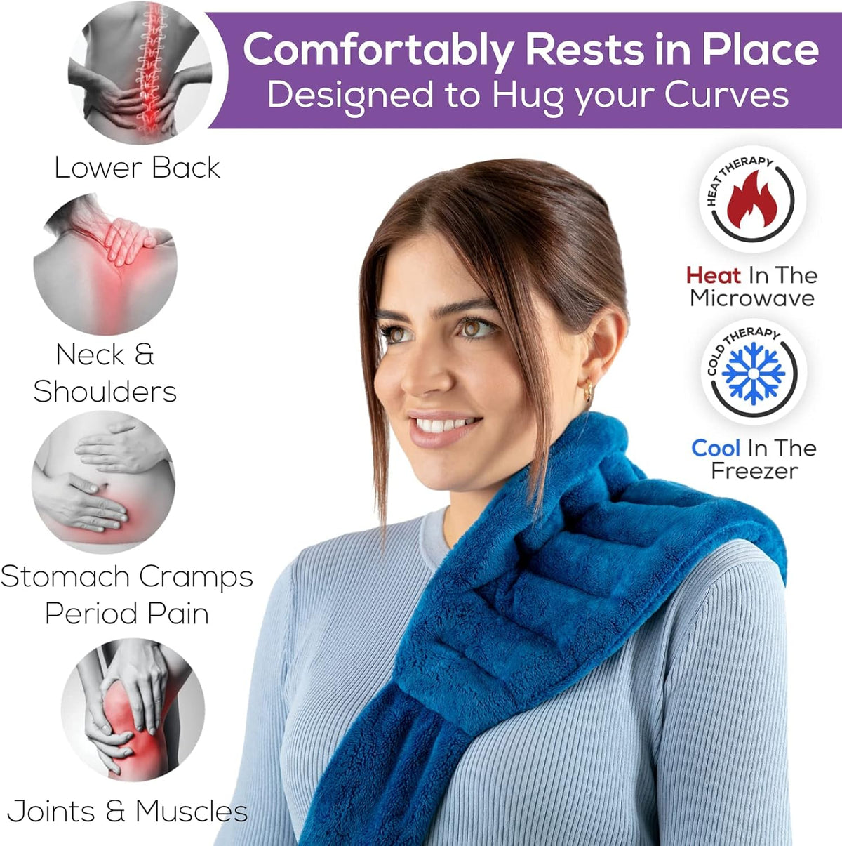 Purple Moon Collection - Microwavable Heating Pad with Straps - Medium, Gray - Reheatable Heat Pack for Back, Neck, Shoulders Pain Relief - Hot/Cold Therapy Body Wrap for Menstrual Cramps