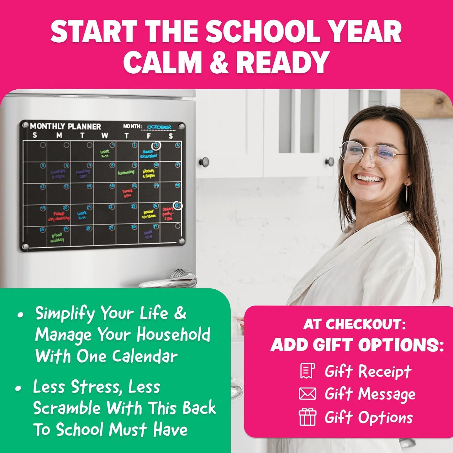 Acrylic Calendar for Fridge - Magnetic Calendar for Refrigerator - 2pc Family Refrigerator Magnetic Dry Erase Planning Board Monthly Weekly - 6 Liquid Chalk Markers & 3 Interchangeable Backgrounds