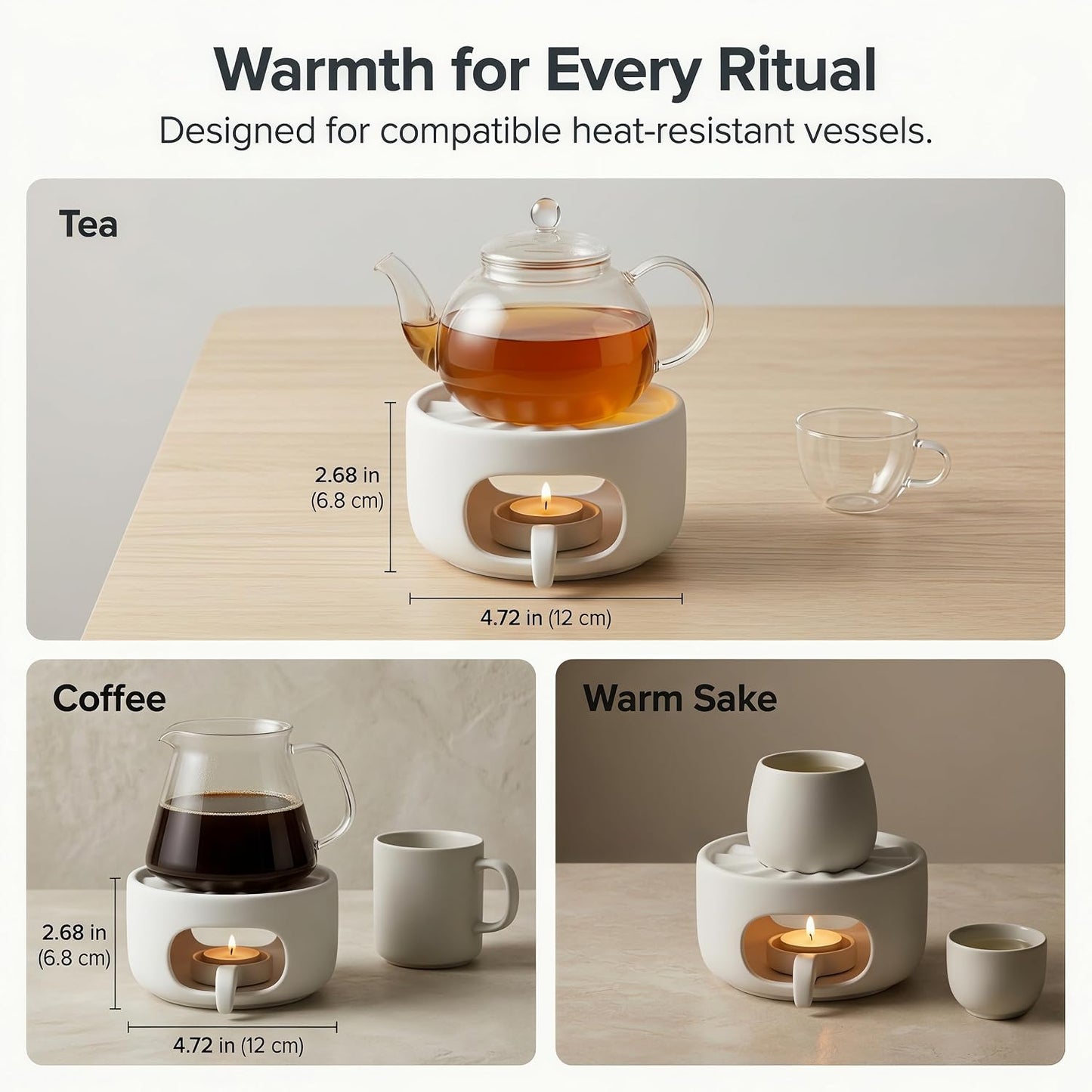 Ceramic Teapot Warmer with Removable Candle Spoon, Tea Pot Warmer Base | Deep matte black finish; 4.72 in low-profile base fits flat-bottom glass or ceramic teapots and uses a standard tealight.