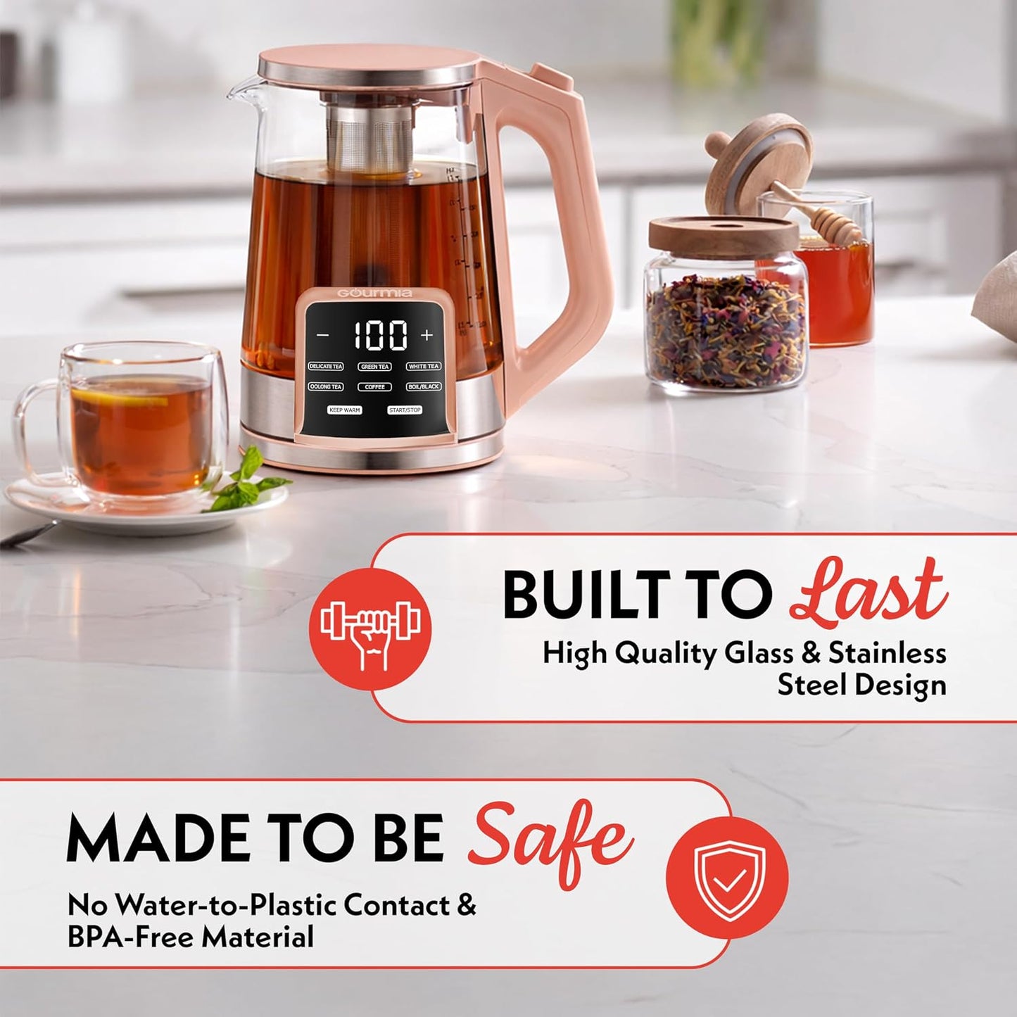 Gourmia Electric Glass Kettle – 1.7L Programmable Tea & Coffee Brewer with Digital Touch Display, 6 Presets, Removable Stainless Steel Infuser, Cordless with 360° Swivel Base, Black
