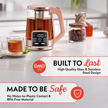 Gourmia Electric Glass Kettle – 1.7L Programmable Tea & Coffee Brewer with Digital Touch Display, 6 Presets, Removable Stainless Steel Infuser, Cordless with 360° Swivel Base, Black