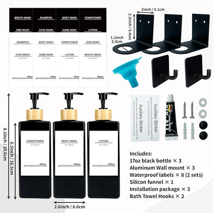 Shampoo Dispenser for Shower Wall, Shampoo and Conditioner Dispenser with 16 Waterproof Labels, No Drill Shower Soap Dispenser Bathroom, Shower Soap Dispenser Wall Mounted 3 Chamber, 17oz,Black | Shampoo Dispenser for Shower Wall, Shower Soap Dispenser