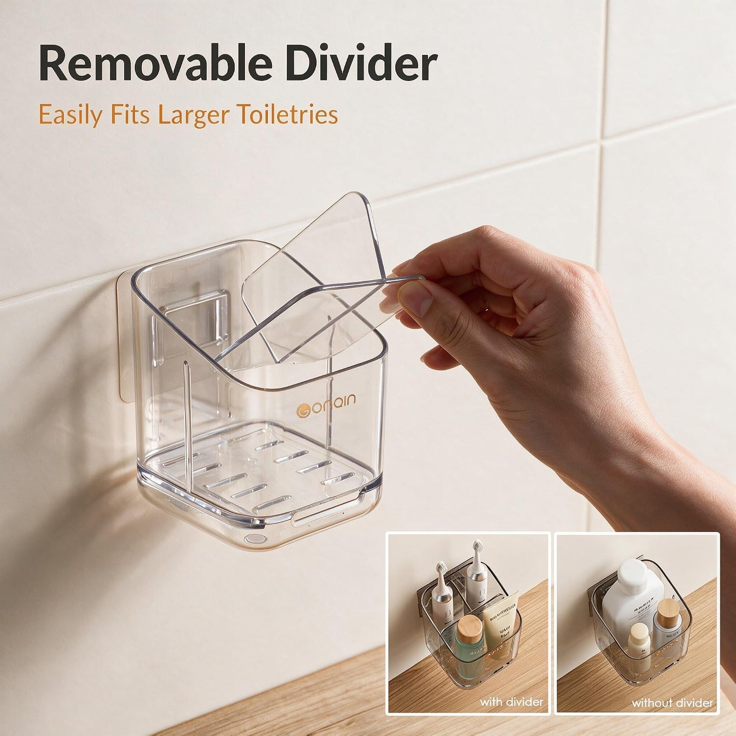 Toothbrush Holders for Bathroom - Detachable Divided Design, Drawer Drainage Tray, Adhesive Wall-Mounted/Countertop Dual-Use, Large Capacity Organizer for Bathroom/Kitchen/Office, Easy Install (Clear)