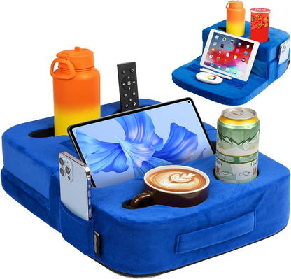 Couch Cup Holder Tray Pillow - Bed, Couch Caddy, Sofa, RV & Car - Holds Drinks, Snacks, Remotes, Phones, Kindle, Tablet | Bed Cup Holder (Grey)