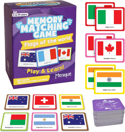 Menique Flags of the World Memory Matching Game – 100 Cards, 50 Countries & Capitals – World Flags Flash Cards for Kids & Adults – Color-Coded by Continent