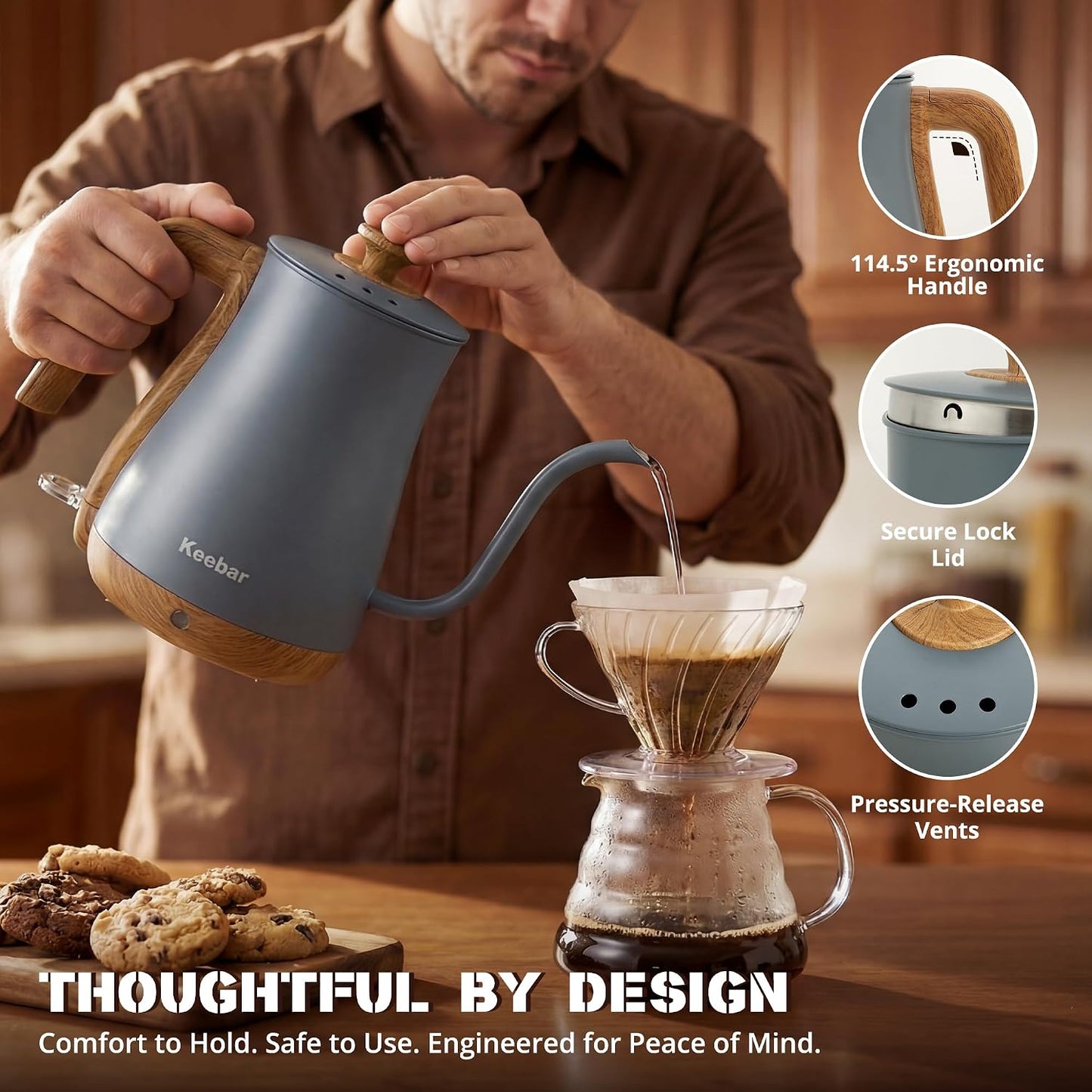 Gooseneck Electric Kettle, 0.8 L, 1000 W, Auto Shut-Off, Light Green | Compact 0.8 L Kettle With Stainless Steel Interior, Gooseneck Pour, Wood-Grain Handle, Auto Shut-Off And Boil-Dry Protection