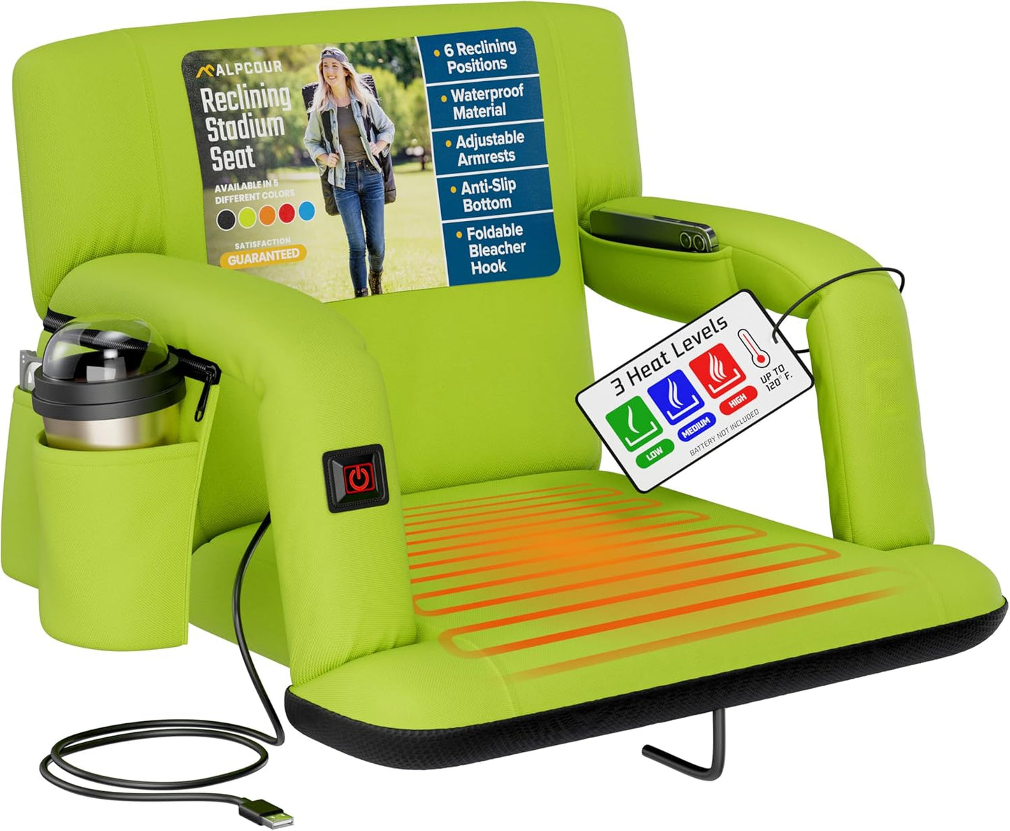 Heated Reclining Stadium Seat for Bleachers – Wide Bleacher Chair with Back Support and Cushion, Armrests, Side Pockets, & Hook – Stadium Seats Chairs for Camping, Kayak, Paddle Board & More