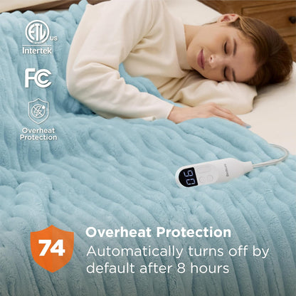 Bedsure Heated Blanket Electric Throw - Thick Striped Fast Heating Electric Blanket with Preheat Function, 6 Heat & 6 Timer (Up to 10H), 8H Auto Off, ETL Certified, Gifts for Women (50"x60", White)