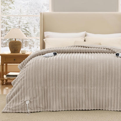 Bedsure Heated Blanket Electric Throw - Thick Striped Fast Heating Electric Blanket with Preheat Function, 6 Heat & 6 Timer (Up to 10H), 8H Auto Off, ETL Certified, Gifts for Women (50"x60", White)