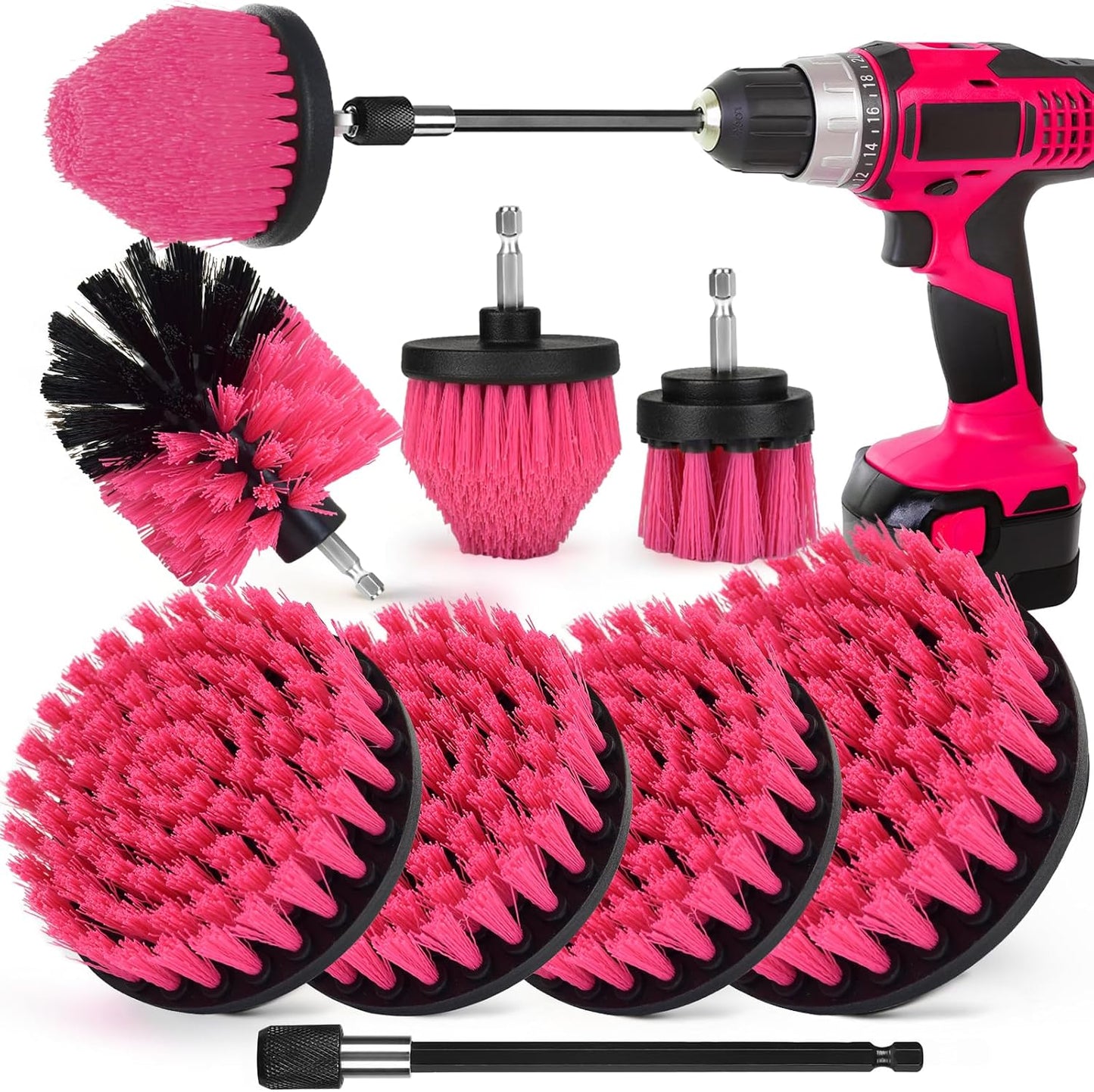 8 Pack Drill Brush Attachment Set, 1/4in Power Scrubber Brush + Extend Long Rod, Multi-Purpose Power Cleaning Scrub Brush for Bathroom, Tub, Tile, Corner, Floor(Red)