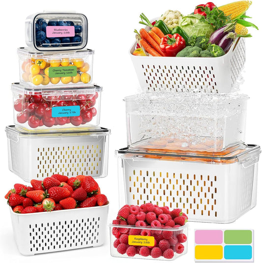 CAPHONT 12 Pack Fruit Storage Containers for Fridge with Removable Colander | 2-in-1 Organic Fruit Storage, 6 Size Clear Vegetable Storage Containers Set Keep Fruits, Vegetables, Meat Fresh Longer ﻿