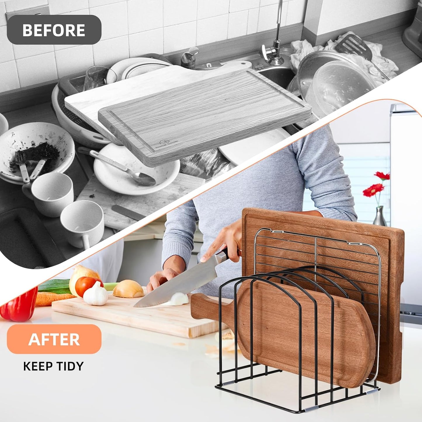 Cutting Board Organizer, Matte Black | Heavy Duty Rack, 2 Extra Wide (1.38") & 3 Narrow (0.78") Slots