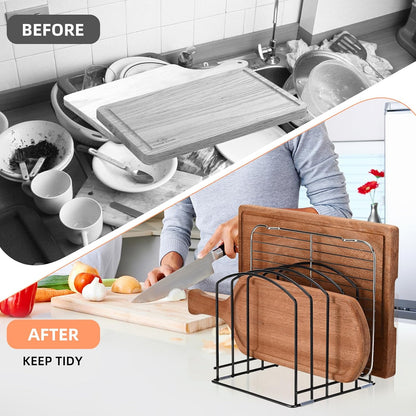 Cutting Board Organizer, Matte Black | Heavy Duty Rack, 2 Extra Wide (1.38") & 3 Narrow (0.78") Slots