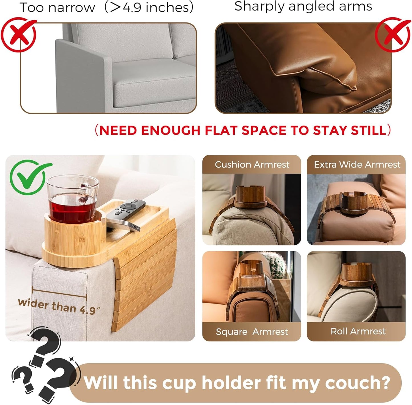 Couch Cup Holder for Armrests Over 4.9" Wide with 360° Phone Stand Walnut | Couch Arm Tray with 360° Rotating Phone Stand, 3 in 1 Foldable Sofa Arm Tray Table for Remote, Snacks, Phone, Drinks