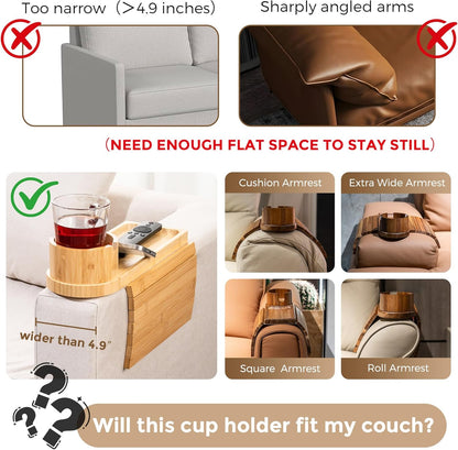 Couch Cup Holder for Armrests Over 4.9" Wide with 360° Phone Stand Walnut | Couch Arm Tray with 360° Rotating Phone Stand, 3 in 1 Foldable Sofa Arm Tray Table for Remote, Snacks, Phone, Drinks