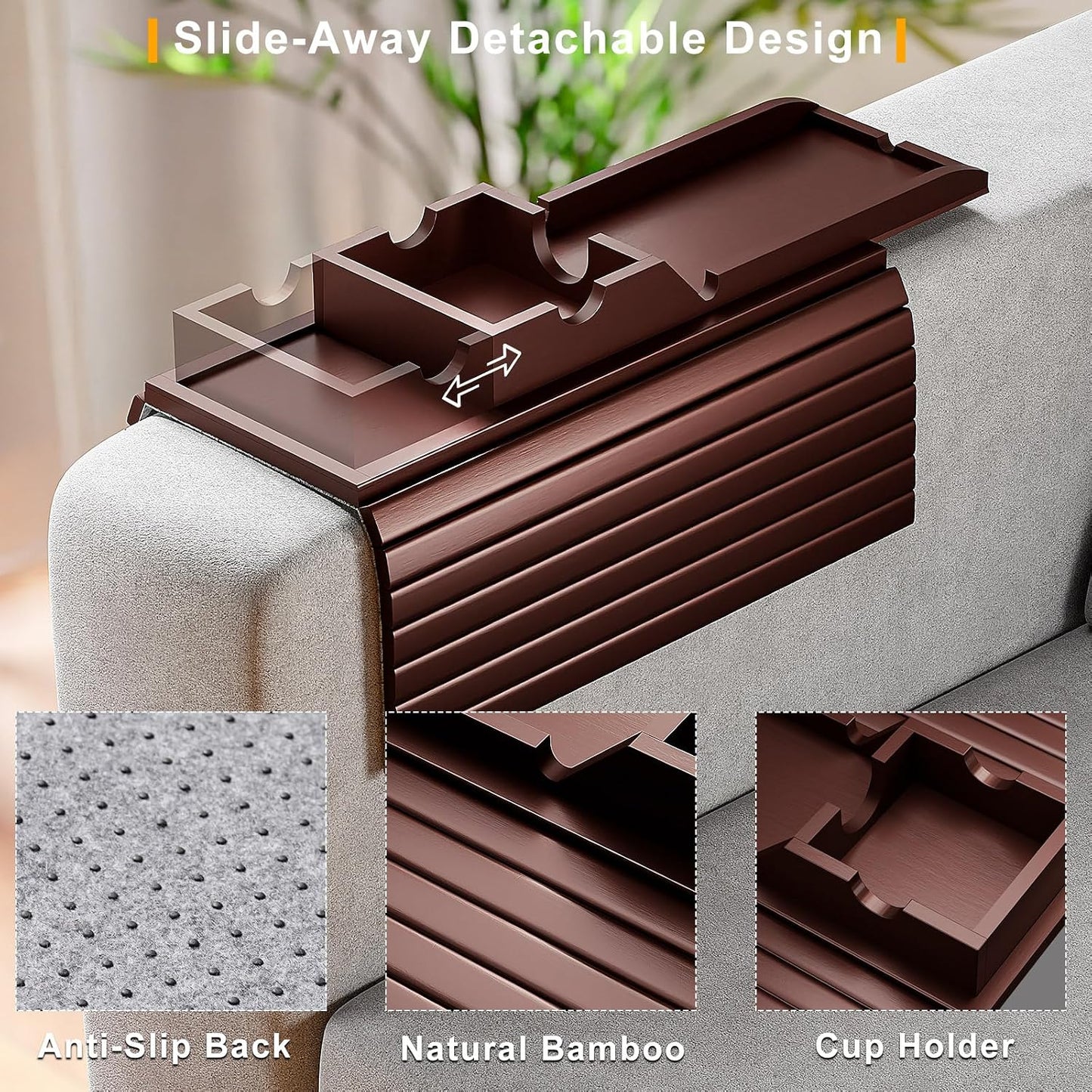 Bestjing Bamboo Sofa Armrest Tray - Couch Arm Tray with Detachable Couch Cup Holder - 2 in 1 Anti-Slip Foldable Sofa Armchair Caddy Table for Drinks Cellphone TV Remote Snacks