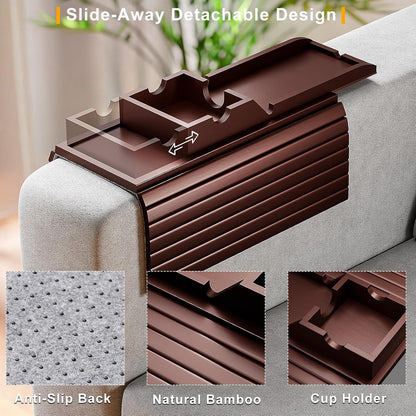 Bestjing Bamboo Sofa Armrest Tray - Couch Arm Tray with Detachable Couch Cup Holder - 2 in 1 Anti-Slip Foldable Sofa Armchair Caddy Table for Drinks Cellphone TV Remote Snacks