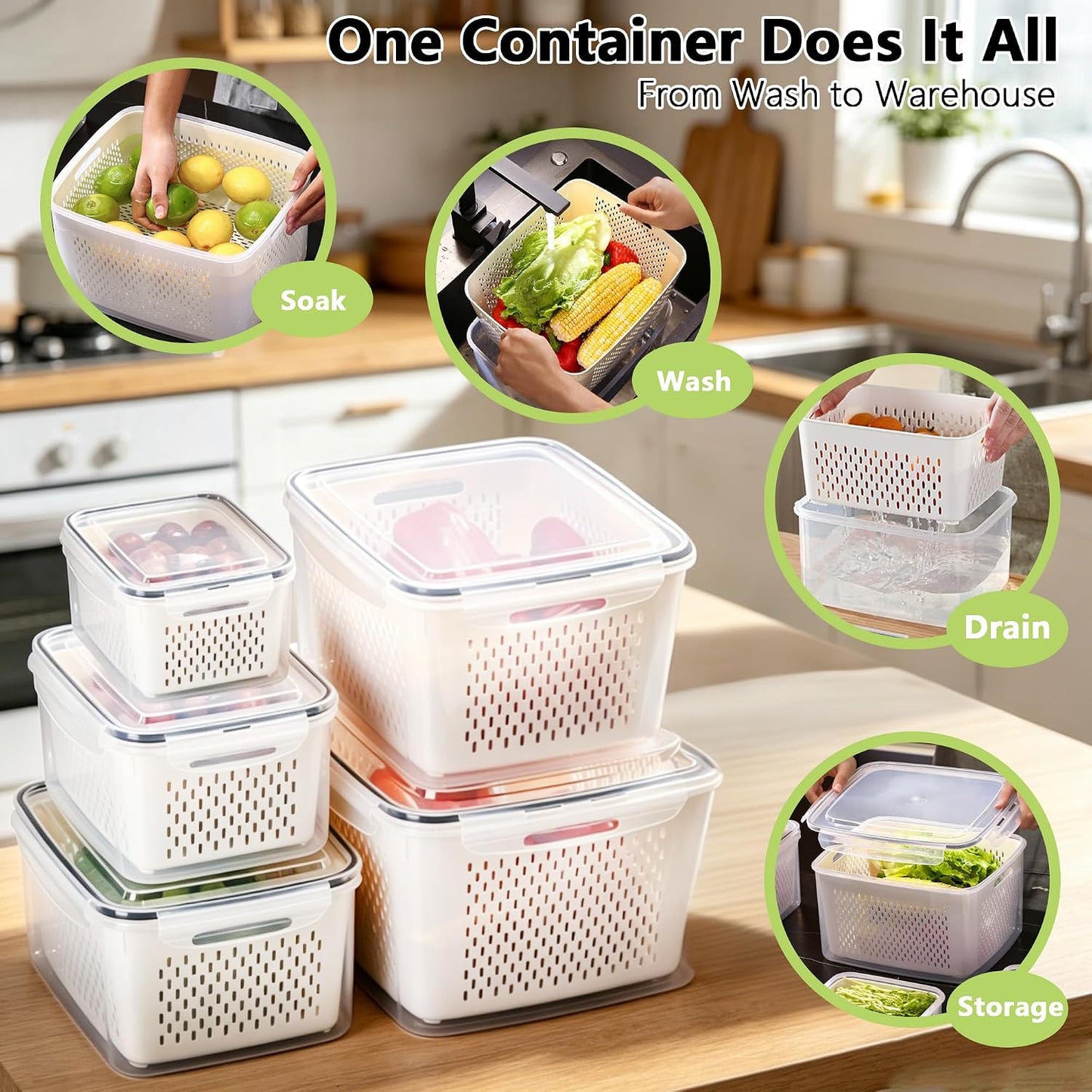5 Pack Fruit Storage Containers for Fridge,Produce Container for Fridge with Removable Colanders,Leakproof Refrigerator Organizers and Storage for Produce Berry Vegetable Salad Meat Food Keep Fresh