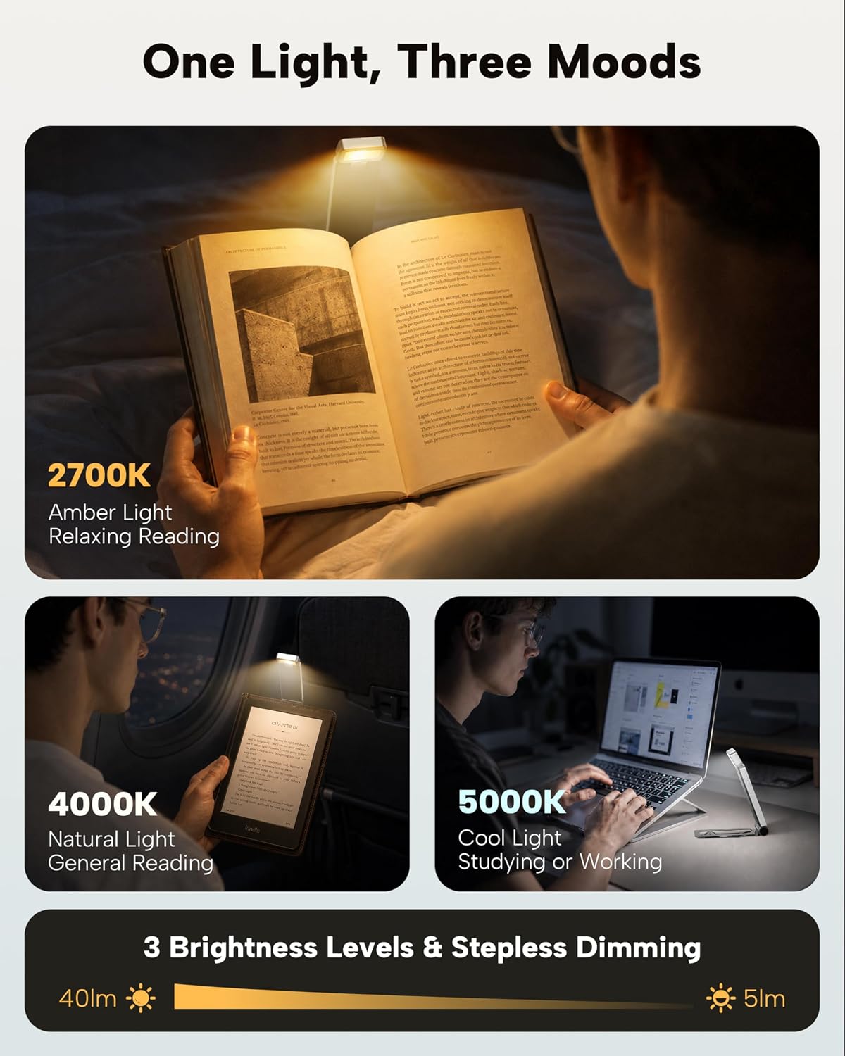 86lux Book Light, Rechargeable Clip-On LED Reading Light for Bed | 3 Color Temperatures with Stepless Dimming, Ultralight Bookmark Design for Book Lovers, Grey