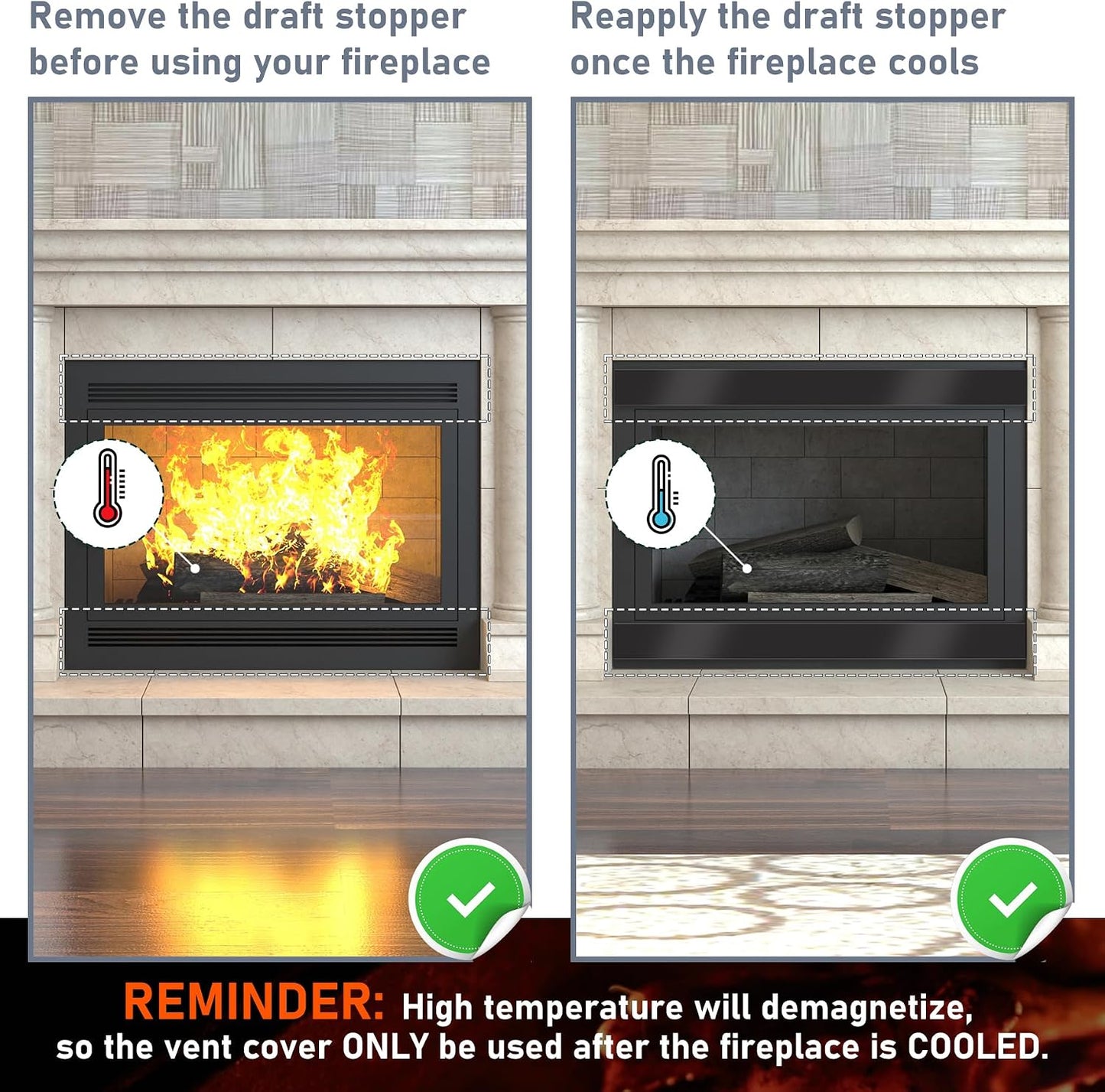 Flamorrow Magnetic Fireplace Vent Cover, 2 Pack Fireplace Draft Blocker to Block Draft from Indoor Chimney, Insulation Fireplace Screen to Prevent Cold Air and Heat Loss from Fireplace Vent, 36 x 6 in