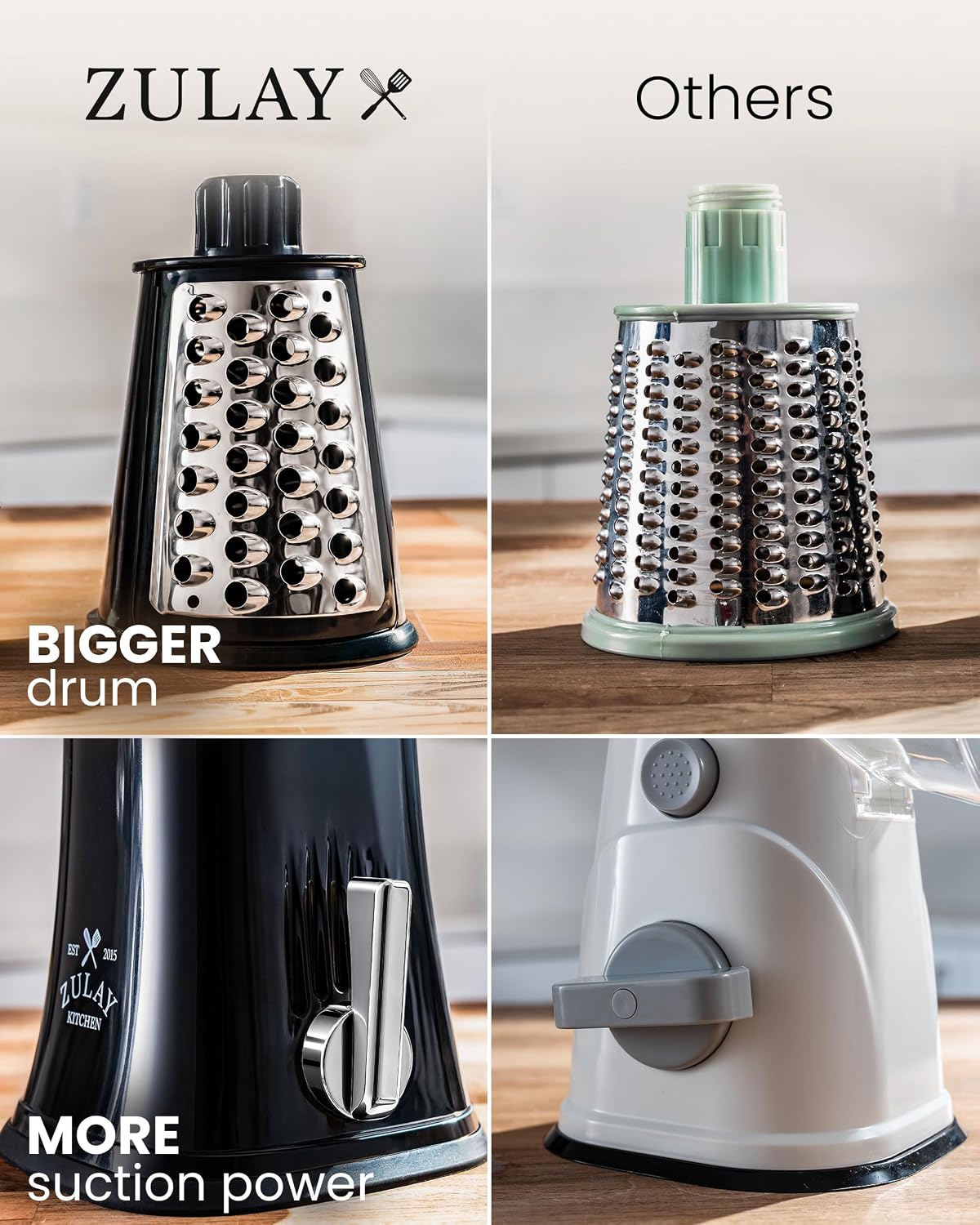 Zulay Kitchen Rotary Cheese Grater 5 Blade Cheese Shredder - Manual Hand Crank Cheese Grater With Reinforced Suction & 5 Interchangeable Drums - Easy to Use, Vegetable Chopper Round Mandoline Slicer - Colors A