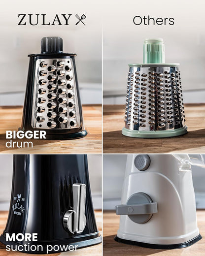 Zulay Kitchen Rotary Cheese Grater 5 Blade Cheese Shredder - Manual Hand Crank Cheese Grater With Reinforced Suction & 5 Interchangeable Drums - Easy to Use, Vegetable Chopper Round Mandoline Slicer - Colors A