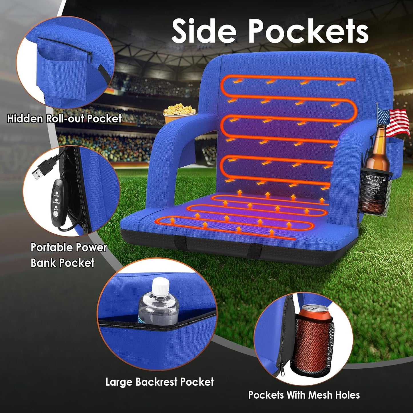 HOPERAN 21" Heated Stadium Seats for Bleachers with Back Support, Black 2PC | Seat & Back Heat Wired Control, 3 Heat Levels (NO Battery), Soft Cushion, 6 Recline, Anti-Slip, Side Pockets, Backpack Straps