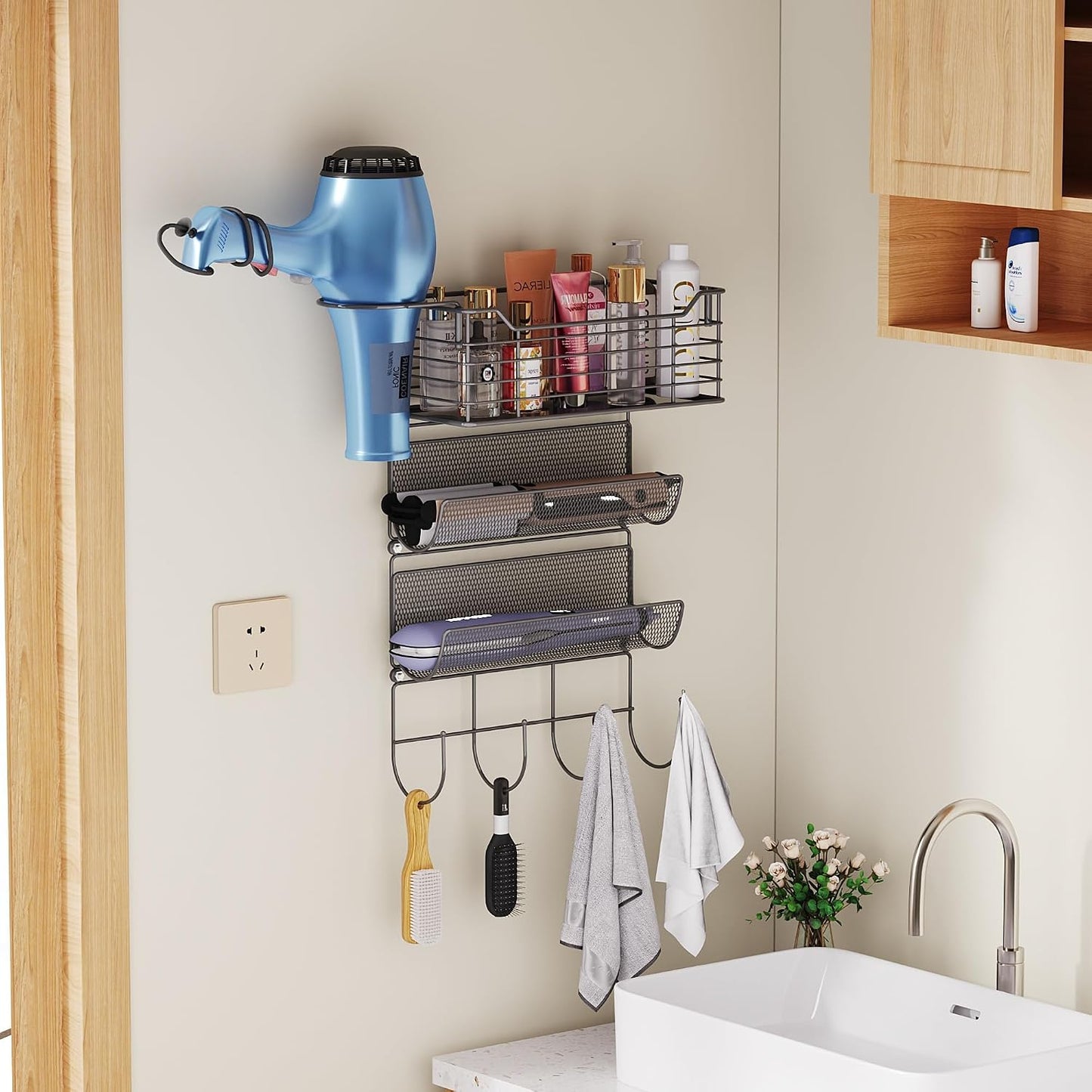 3 Tier Hair Tool Organizer Wall Mount, curling iron holder Basket, Black | Metal Mesh, Hair Dryer Holder, Bathroom Hair Styling Tool Organizer, Blow Dryer Holder, Hair Straightener Organizer