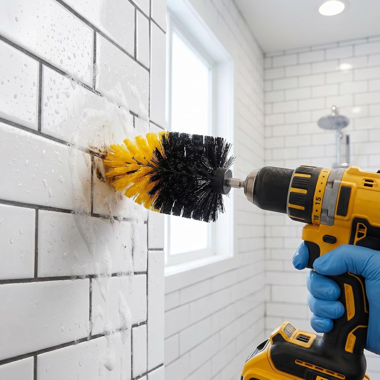 2 Pack 1/4″ Corner Drill Brush Attachments for Cleaning Tile Grout Corners | Sinks, Bathtub & Kitchen Surfaces, Hex Shank Power Scrubber Brush for Drill, Nylon Bristles, Tapered Cone Design