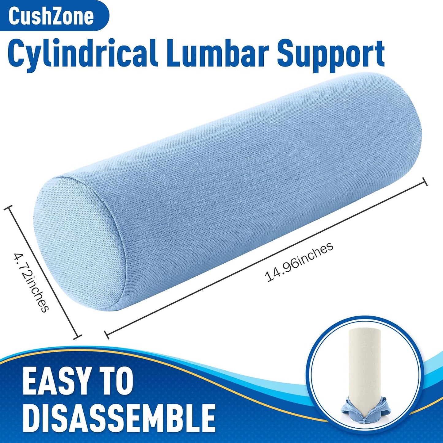 CushZone Lumbar Roll Support Pillow, Memory Foam Back Cushion, Black | Helps Relieve Back Pain & Supports Posture,Adjustable Strap Fits Office,Car & Gaming Chairs,Washable Cover