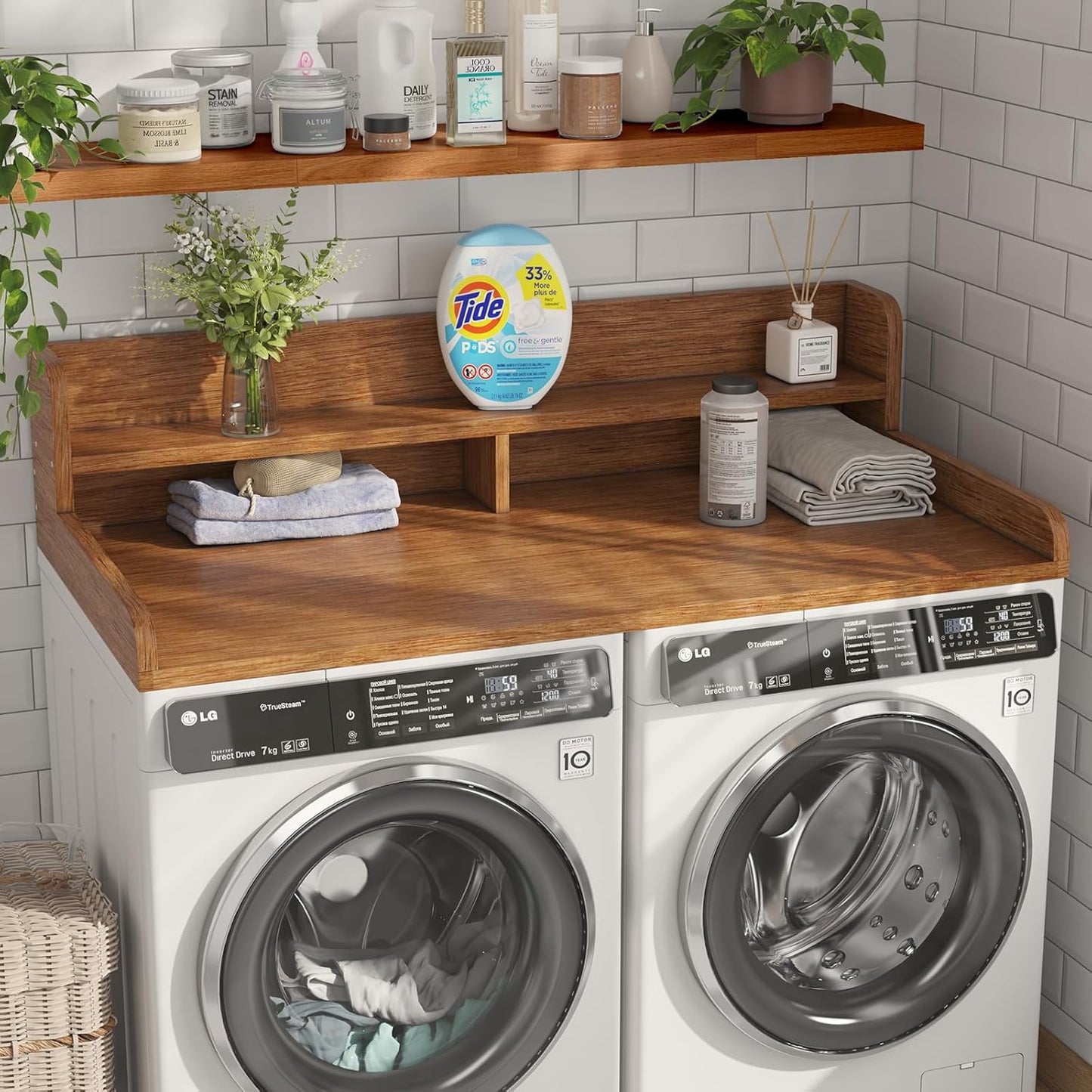 2-Tier Washer Dryer Countertop with 2.75" H Edge Rails, 54" W x 27.55" D Laundry Countertop for Folding Clothes, Washer and Dryer Topper with Non-Slip Pad (Dark Walnut)
