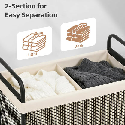 STORAGE MANIAC Rolling Laundry Hamper with Wheels 2-Section Laundry Sorter Rolling Laundrys Basket on Wheels with Removable Bag Clothes Hamper Laundrys Organizer Cart Bathroom Bedroom 100L Beige