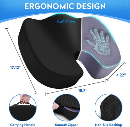 CushZone Seat Cushion Memory Foam Chair Pad for Office & Car, Black | Office Seat Cushion, Sciatica, Tailbone Back Pain Relief, Orthopedic Coccyx Pillow for Car, Pregnancy & Long Sitting at Work