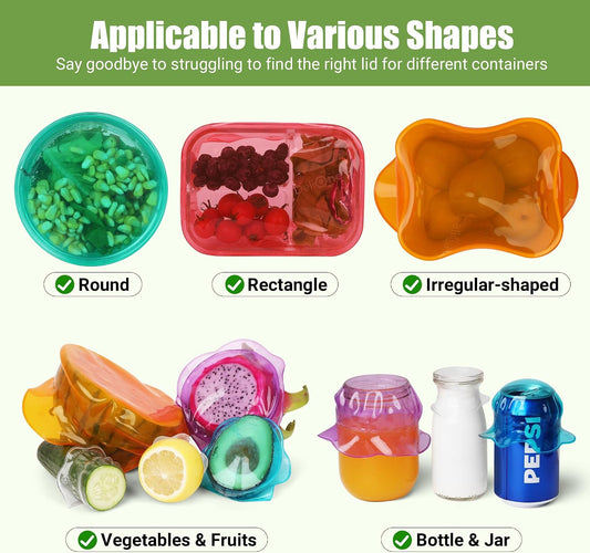 Silicone Stretch Lids for Food Storage in Fridge, Reusable Elastic Bowl Covers for Cup, Cans, Jars, Round & Rectangle Container, Food Grade Silicone Microwave Food Cover, Heat-Resistant