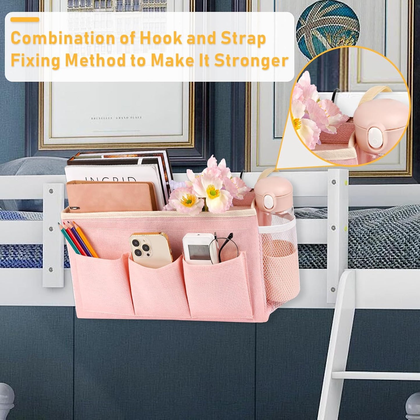 Lilithye Bedside Caddy, Bedside Storage Bag Hanging Organizer for Bunk Bed | Bed Caddy with Fixed Straps and Water Bottle Holder for Home, College Dorm, Bunk Bed, Hospital Bed and Crib Bed Rails