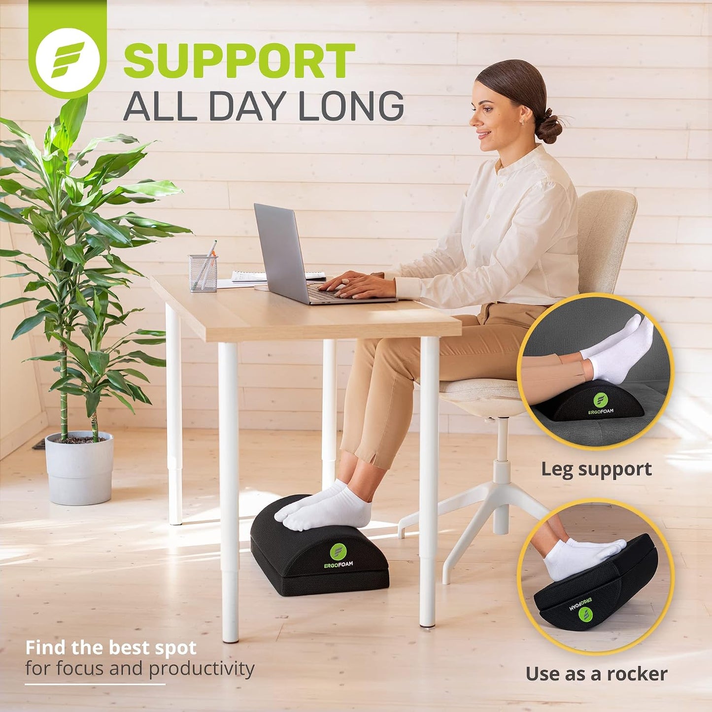 ErgoFoam Foot Rest for Under Desk at Work Adjustable - Chiropractor-Endorsed, High-Density Foam, Velvet (Black)