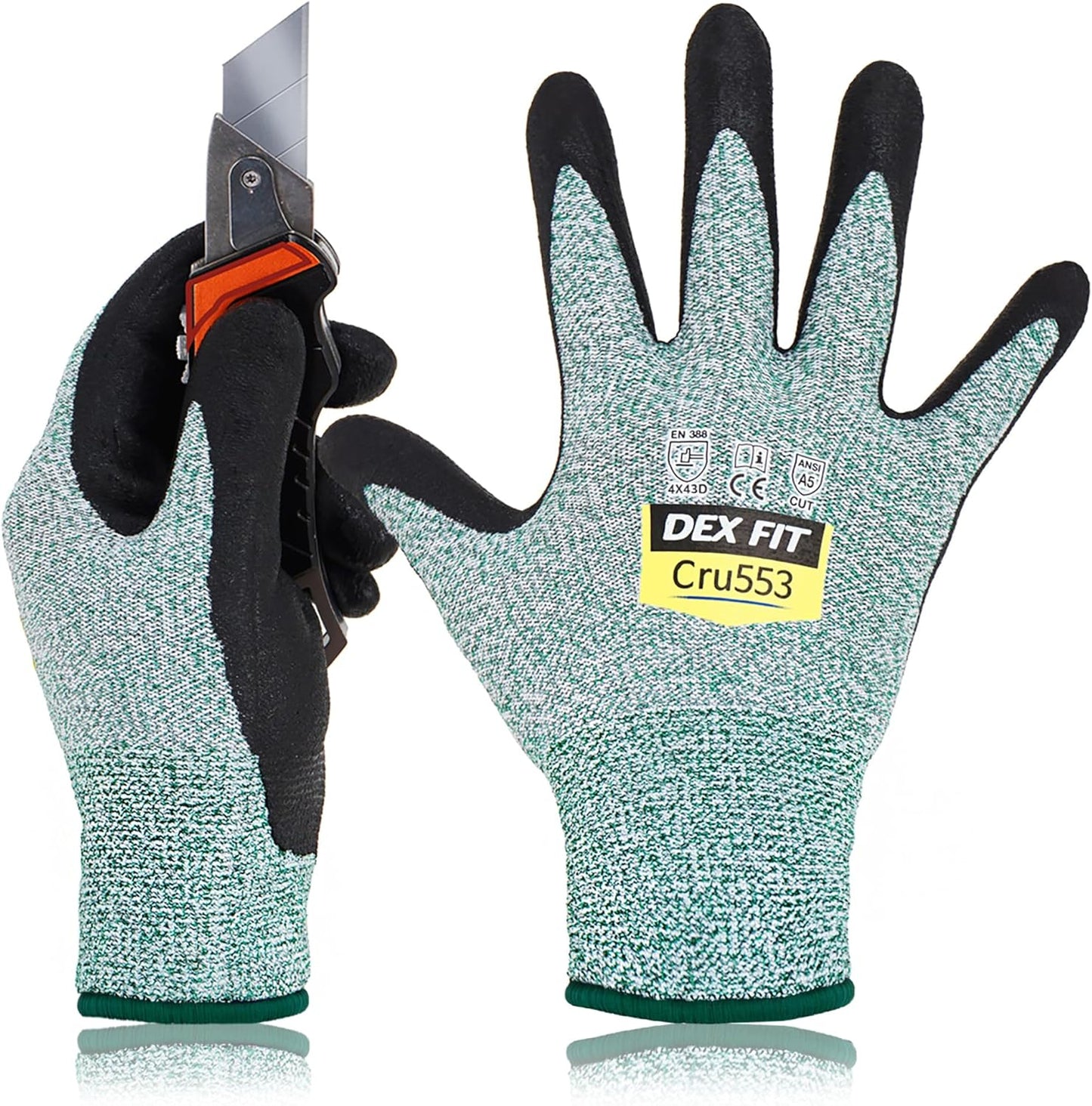 DEX FIT Level 5 Cut Resistant Gloves Cru553, 3D-Comfort Fit, Firm Grip, Thin & Lightweight, Touch-Screen Compatible, Durable, Breathable & Cool, Machine Washable; Grey L (9) 1 Pair