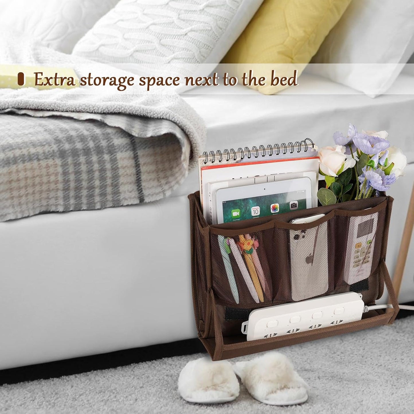 Bedside Caddy Organizer for Dorm Bed Rails with 7 Pockets, Gray | Bed Pockets Bedside Storage with Power Strip Holder & 2 Adjustable Straps for Home, College, Dorm, Hospital Bedside Organizer