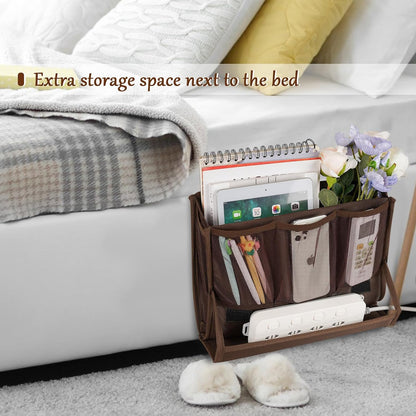 Bedside Caddy Organizer for Dorm Bed Rails with 7 Pockets, Gray | Bed Pockets Bedside Storage with Power Strip Holder & 2 Adjustable Straps for Home, College, Dorm, Hospital Bedside Organizer