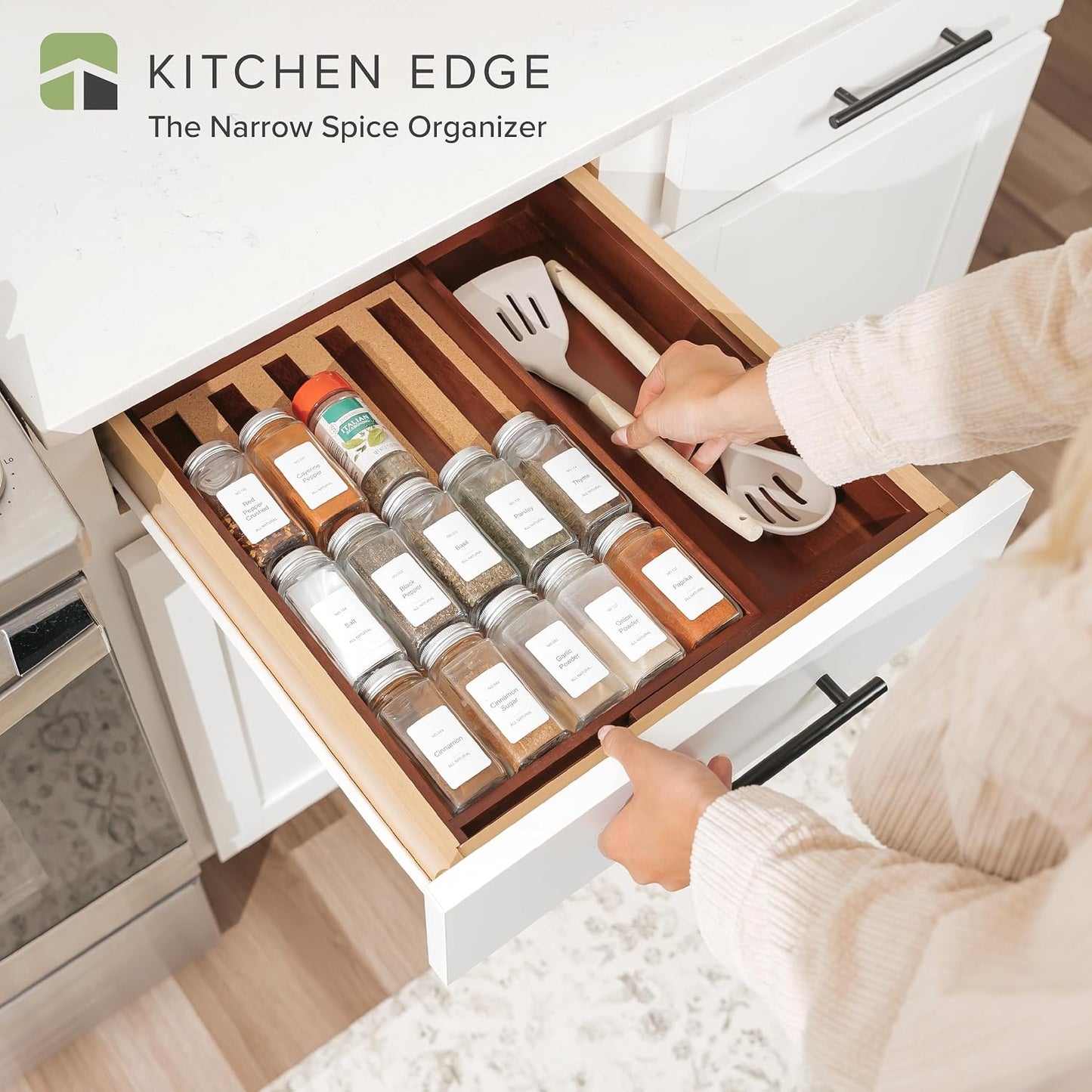 Expandable Spice Drawer Organizer, Bamboo | Holds up to 15 spice jars (not included), non-slip feet, 100% sustainable bamboo wood