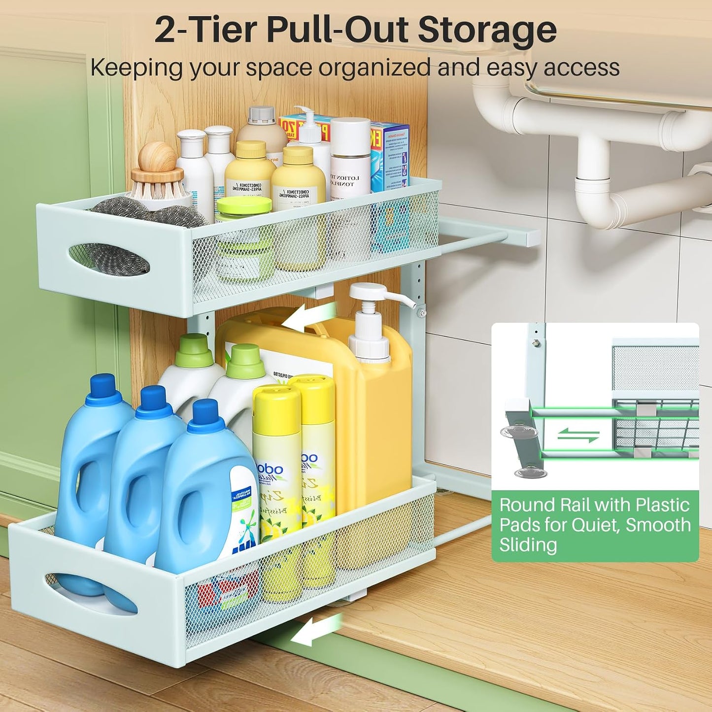 Under Sink Organizer, 2 Tier Pull out Cabinet Organizer Baskets with Mesh Sliding Drawers, Slide out Storage Shelf for Home, Kitchen, Bathroom, Pantry, Office Cabinet, Countertop(1 Pack)