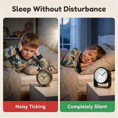 Small Desk Alarm Clock for Kids, 3.5 Inch Battery Operated Analog Silent Clock with Adjustable Angle and Warm Night Light, Cute Vintage Metal Bedside Clock for Children's Room Boys Girls（black）