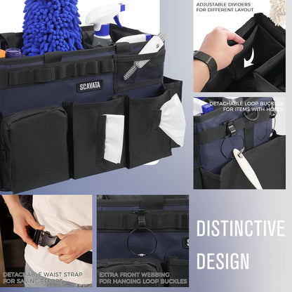SCAVATA Wearable Cleaning Caddy Bag, Cleaning Caddy Supplies Organizer with Handle & Shoulder Straps for Housekeepers, Under Sink & Car Cleaning Tool Organizers with 4 Foldable Divider (Lake Blue)