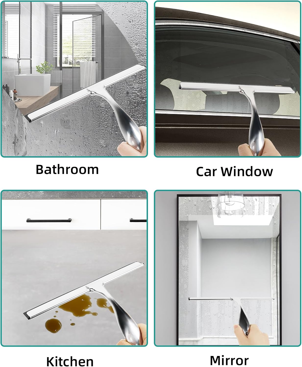 All-Purpose Stainless Steel Shower Squeegee Come with S Hook, 2 Square Sticky Hook 2 Rubber Strips Shower Squeegee for Glass Doors, Windows, Mirrors, Tiles and Car Glass -10 Inches Silver