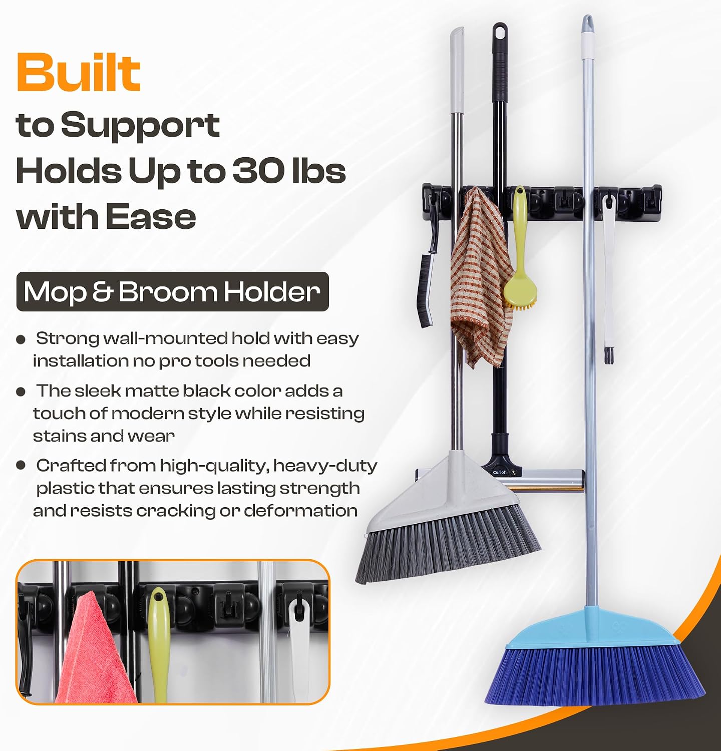 Stainless Steel Broom Holder Wall Mount, 3 Racks & 4 Hooks | Waterproof organizer for mops, brooms, tools and garden equipment, adjustable wall storage, black