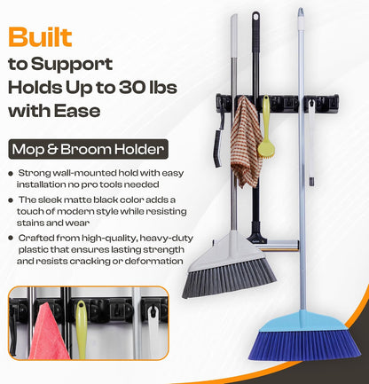 Stainless Steel Broom Holder Wall Mount, 3 Racks & 4 Hooks | Waterproof organizer for mops, brooms, tools and garden equipment, adjustable wall storage, black