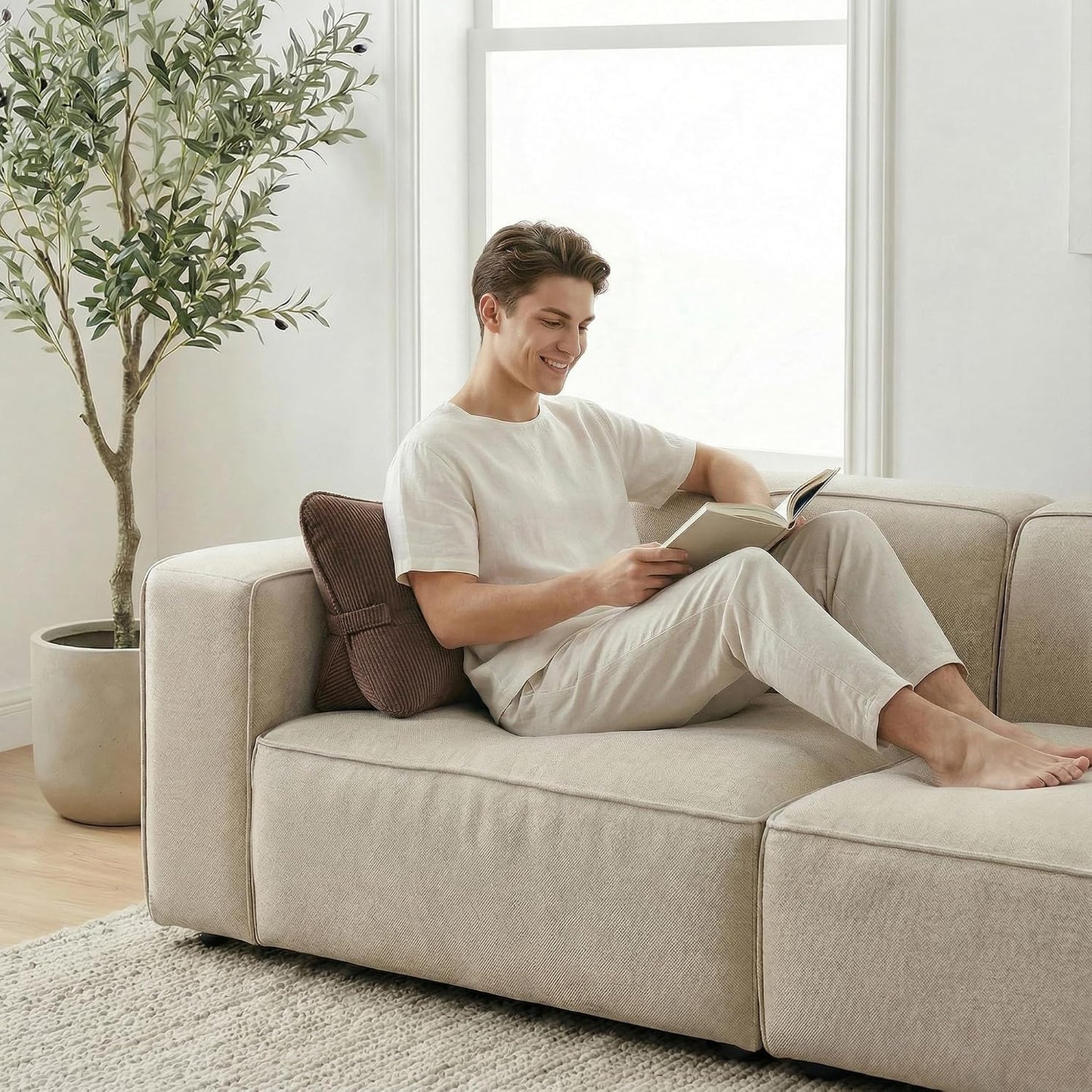 Pat. Pend. Corduroy Lumbar Support Back Pillow for Watching TV, Reading & Gaming, Ergonomic Triangle Support Cushion for Sofa, Armchair & Bed Sitting, Removable Washable Cover, Beige Gray