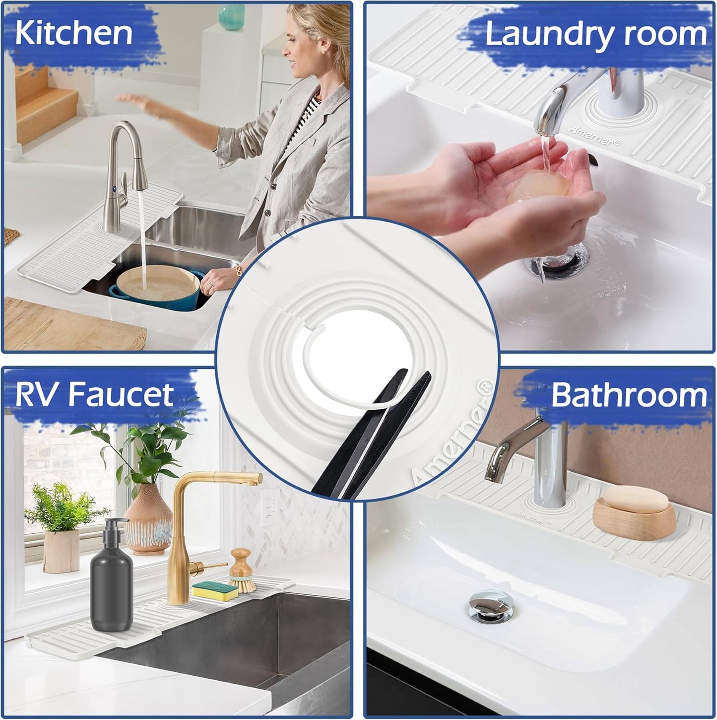 Kitchen Sink Splash Guard, 20IN Longer Silicone Faucet Guard & Draining Mat, Bathroom and Kitchen Sink Organizer, Sink Faucet Mat Water Splash Guard Behind Faucet Accessories Gadget, 20” x 5.5”, White