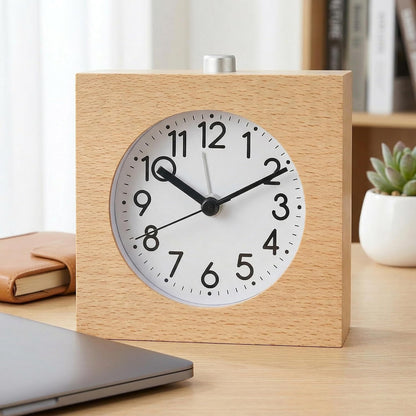 Wooden Analog Alarm Clock Silent Battery Operated with Night Light